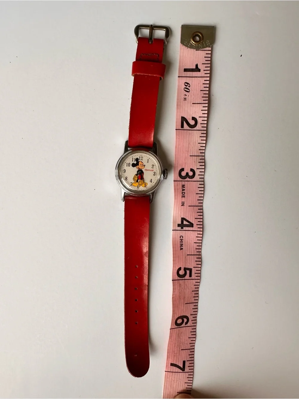 Vintage 1950s Ingersoll Mickey Mouse Hand Wind Kids Watch Disney Red Strap AS IS